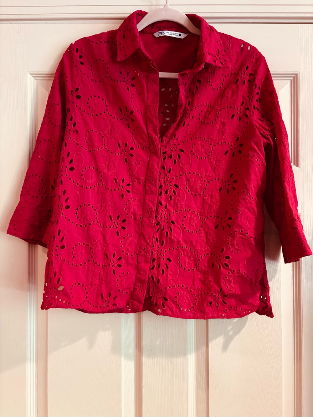 Zara Eyelet Button-Front Womens Top in Red